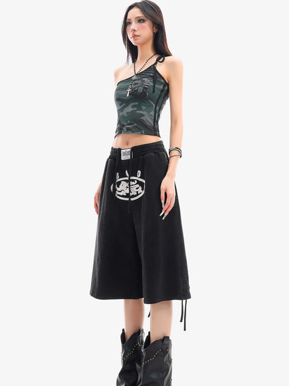 QIUQIU STUDIO Camo Asymmetrical Halter Tie V-neck Slim Waist Letter Print Women&