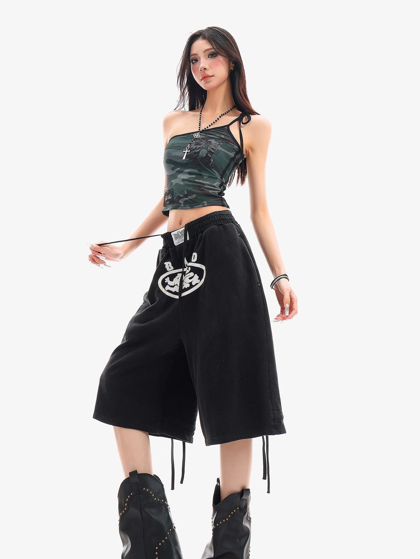 QIUQIU STUDIO Camo Asymmetrical Halter Tie V-neck Slim Waist Letter Print Women&
