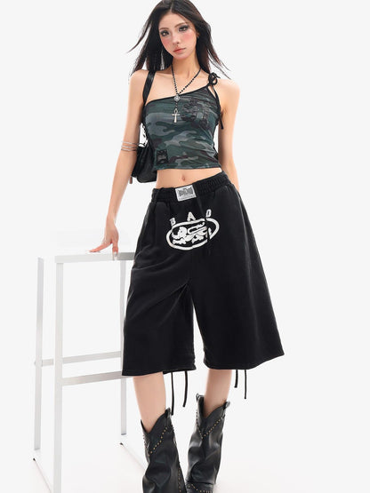 QIUQIU STUDIO Camo Asymmetrical Halter Tie V-neck Slim Waist Letter Print Women&