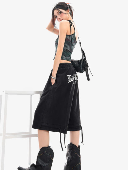 QIUQIU STUDIO Camo Asymmetrical Halter Tie V-neck Slim Waist Letter Print Women&