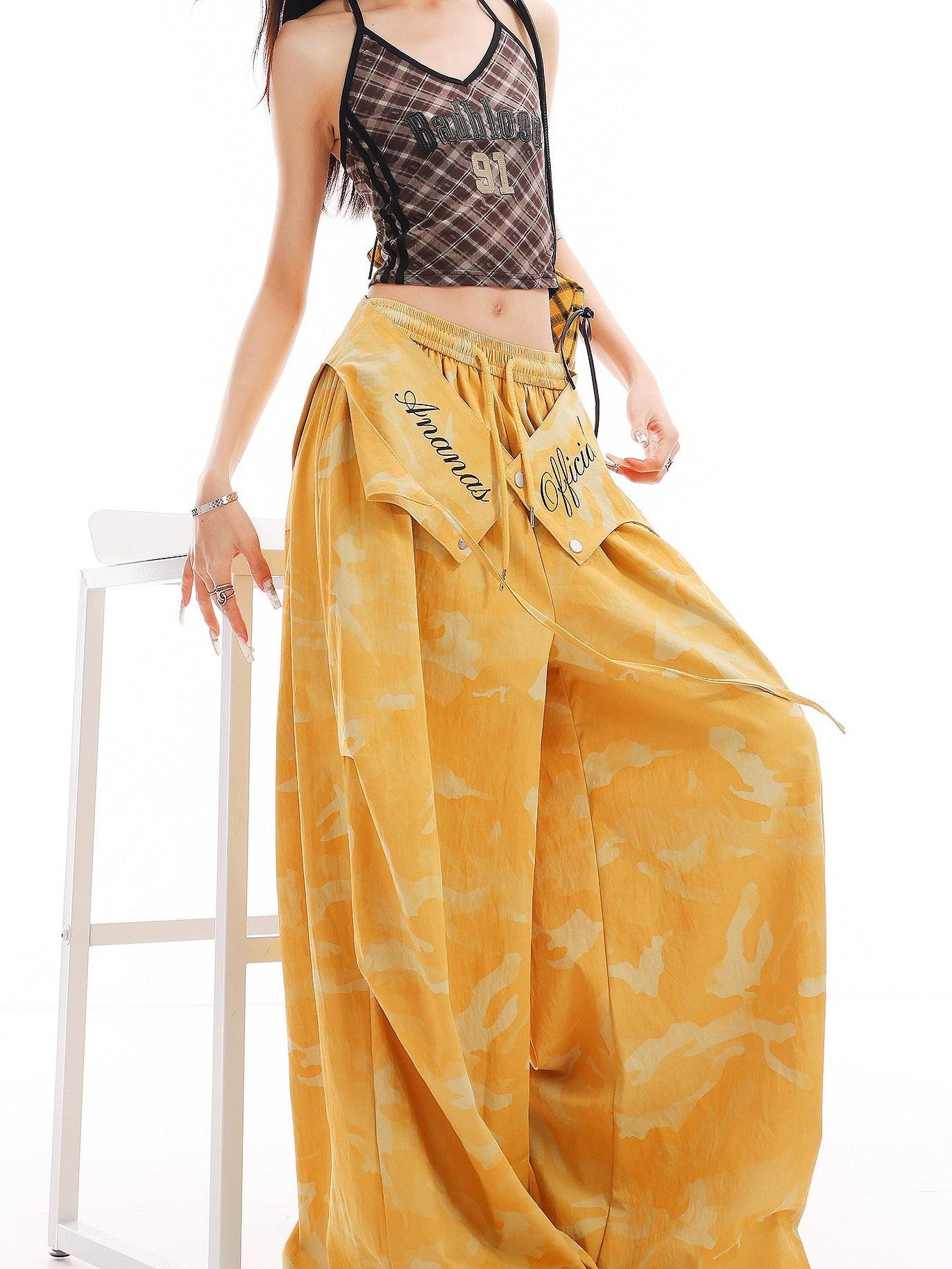 QIUQIU STUDIO Camo Patchwork Cargo Elastic Waist Pockets Women&