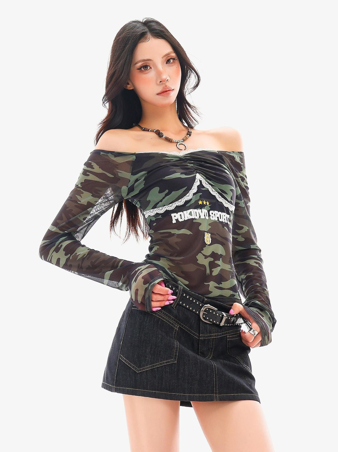 QIUQIU STUDIO Camo Print Off Shoulder Sheer Mesh Slim Fit Women&