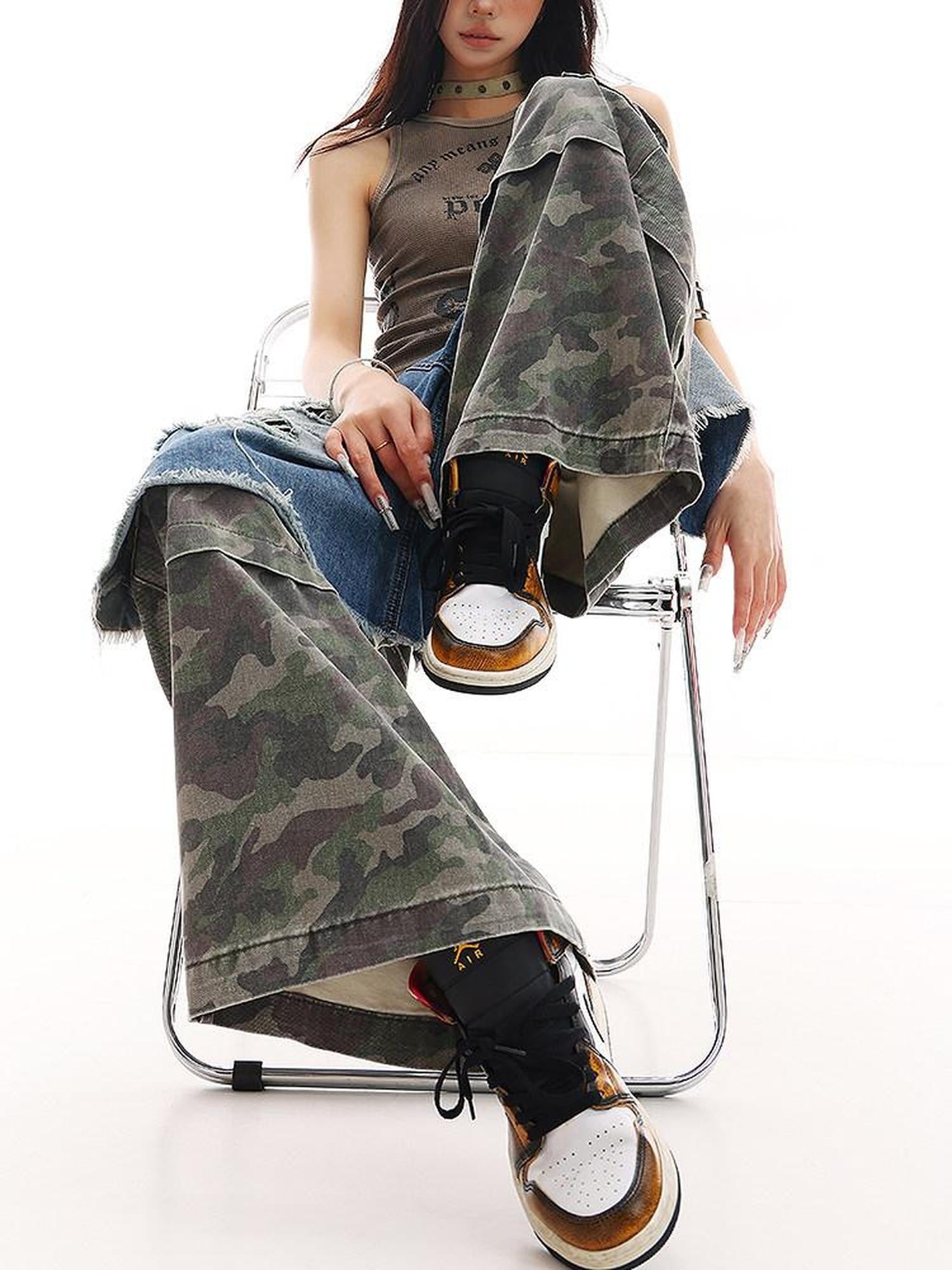 QIUQIU STUDIO Camo Ripped Patchwork Faux Two Piece Tall Women&