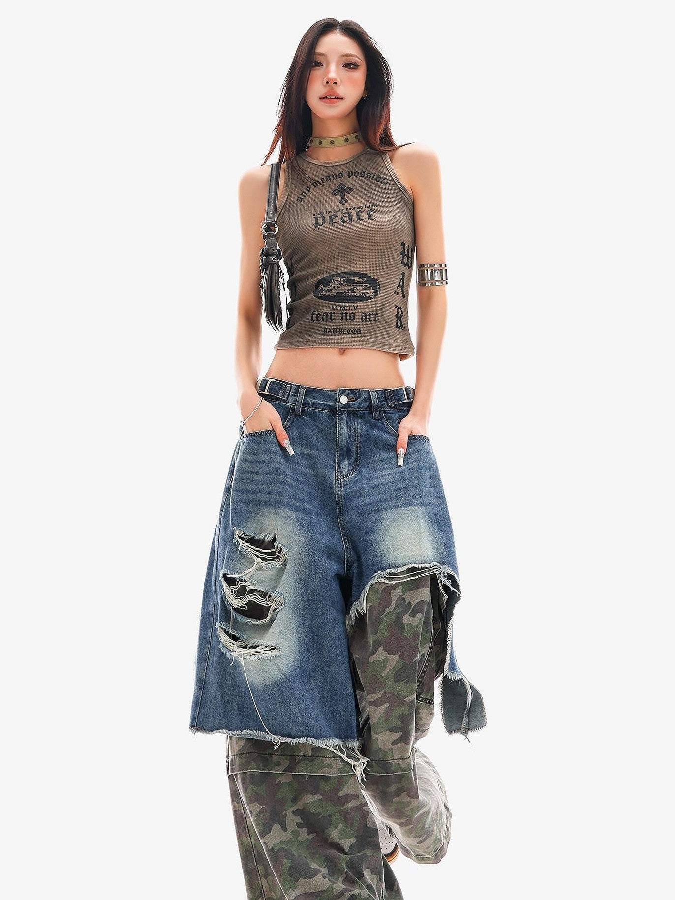 QIUQIU STUDIO Camo Ripped Patchwork Faux Two Piece Tall Women&