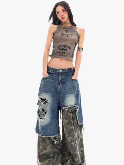 QIUQIU STUDIO Camo Ripped Patchwork Faux Two Piece Tall Women&