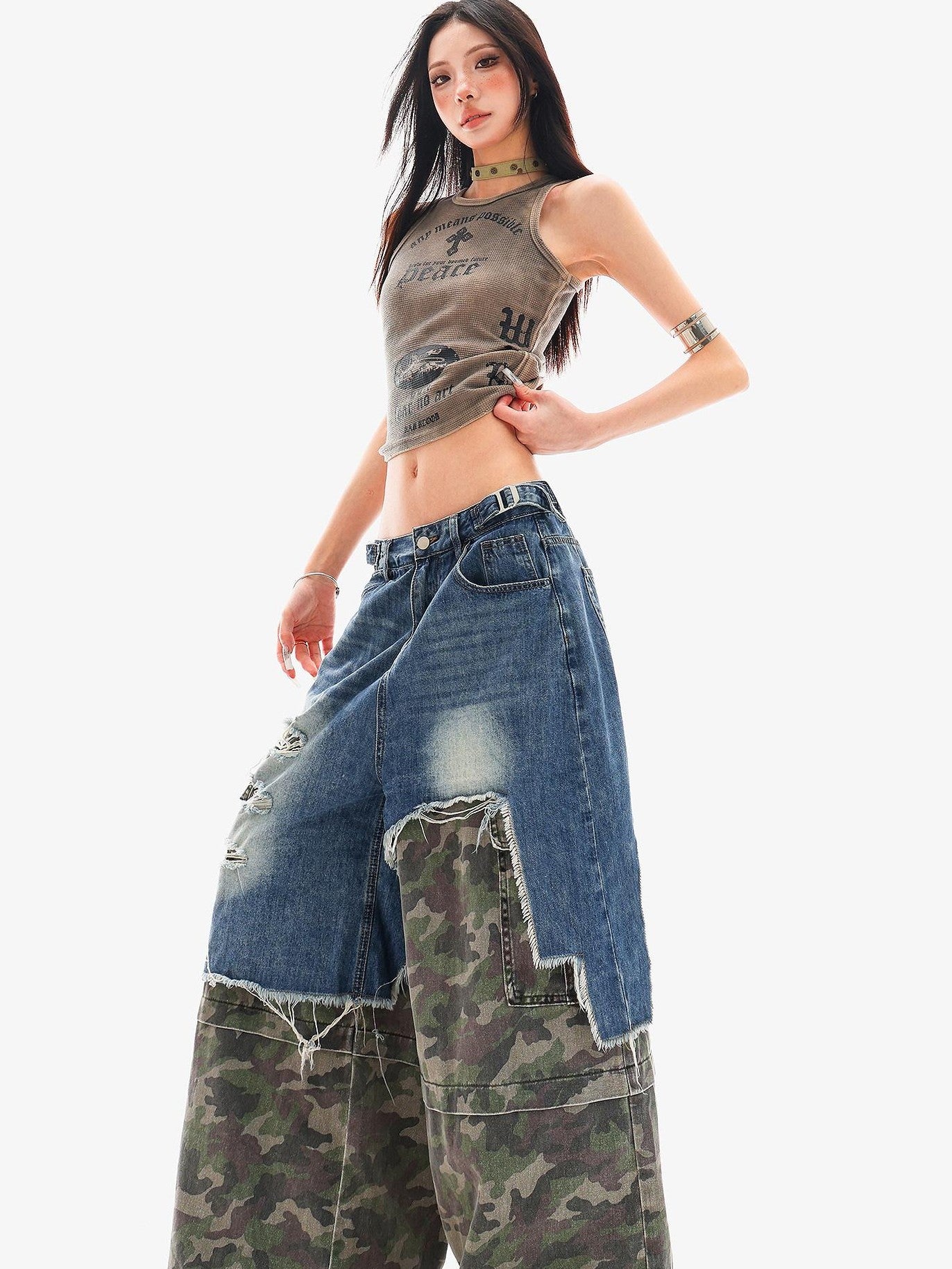 QIUQIU STUDIO Camo Ripped Patchwork Faux Two Piece Tall Women&