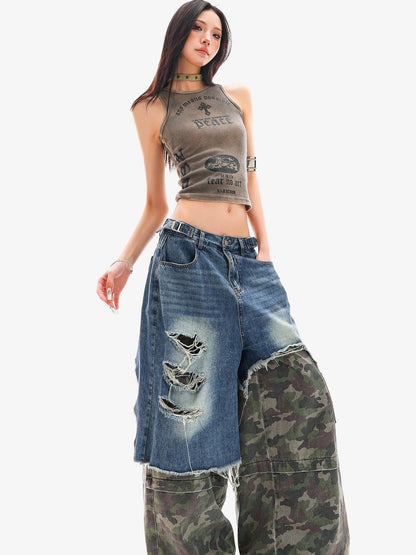 QIUQIU STUDIO Camo Ripped Patchwork Faux Two Piece Tall Women&