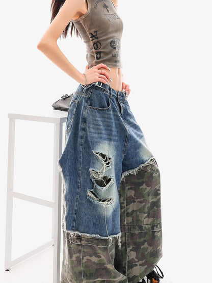 QIUQIU STUDIO Camo Ripped Patchwork Faux Two Piece Tall Women&