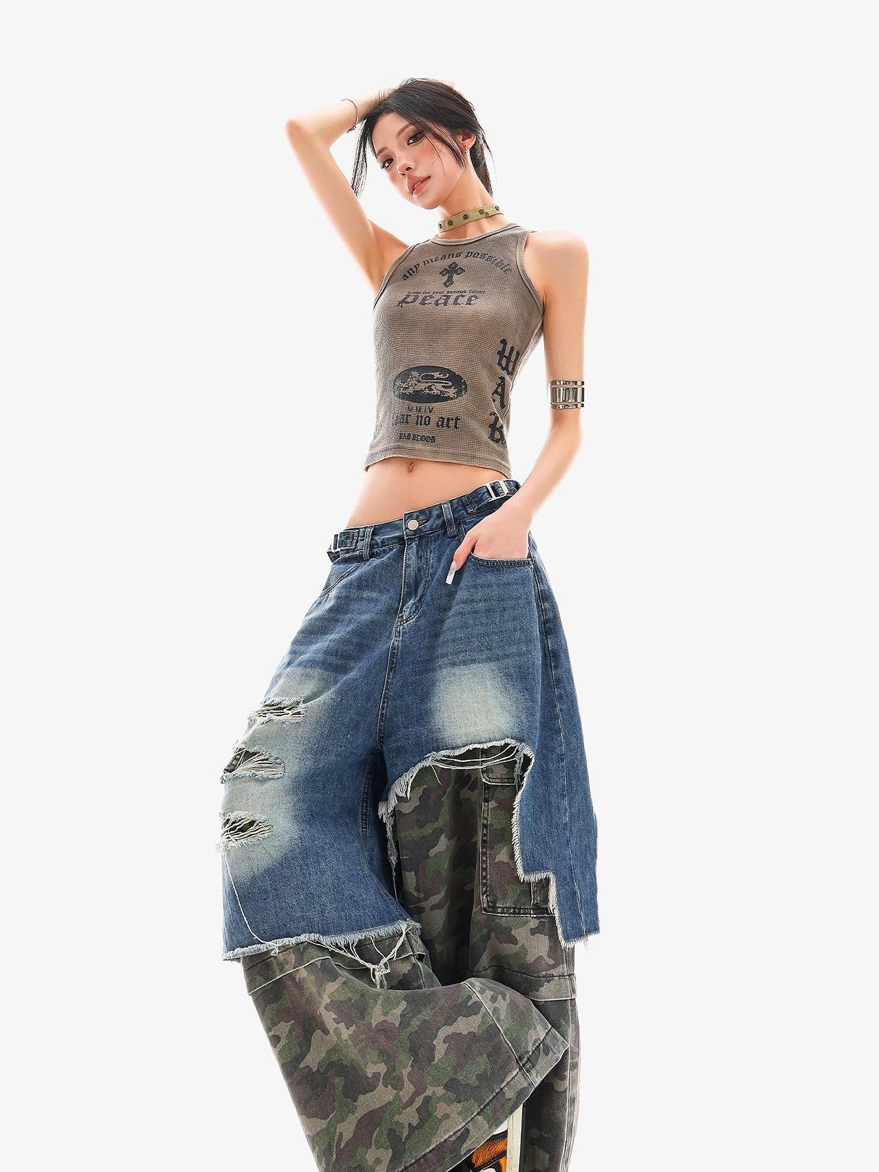 QIUQIU STUDIO Camo Ripped Patchwork Faux Two Piece Tall Women&