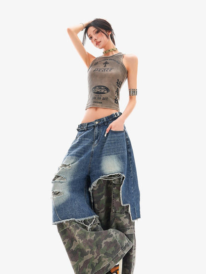 QIUQIU STUDIO Camo Ripped Patchwork Faux Two Piece Tall Women&