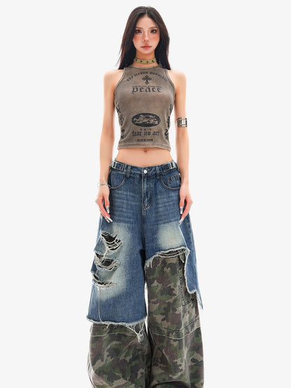 QIUQIU STUDIO Camo Ripped Patchwork Faux Two Piece Tall Women&