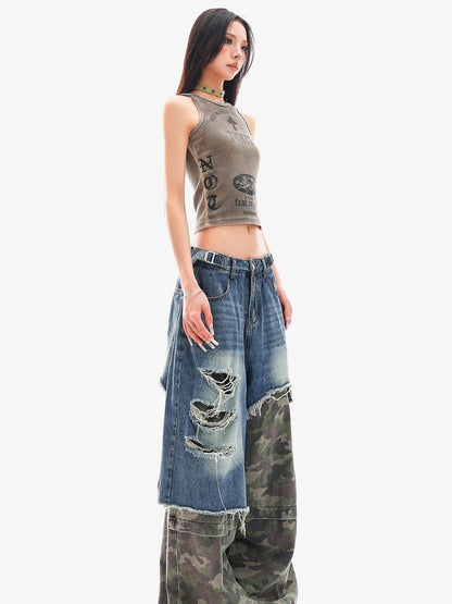 QIUQIU STUDIO Camo Ripped Patchwork Faux Two Piece Tall Women&