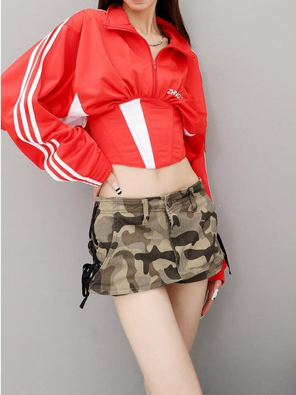 QIUQIU STUDIO Camouflage A Line Mid Waist Pocket Slim Casual Women&