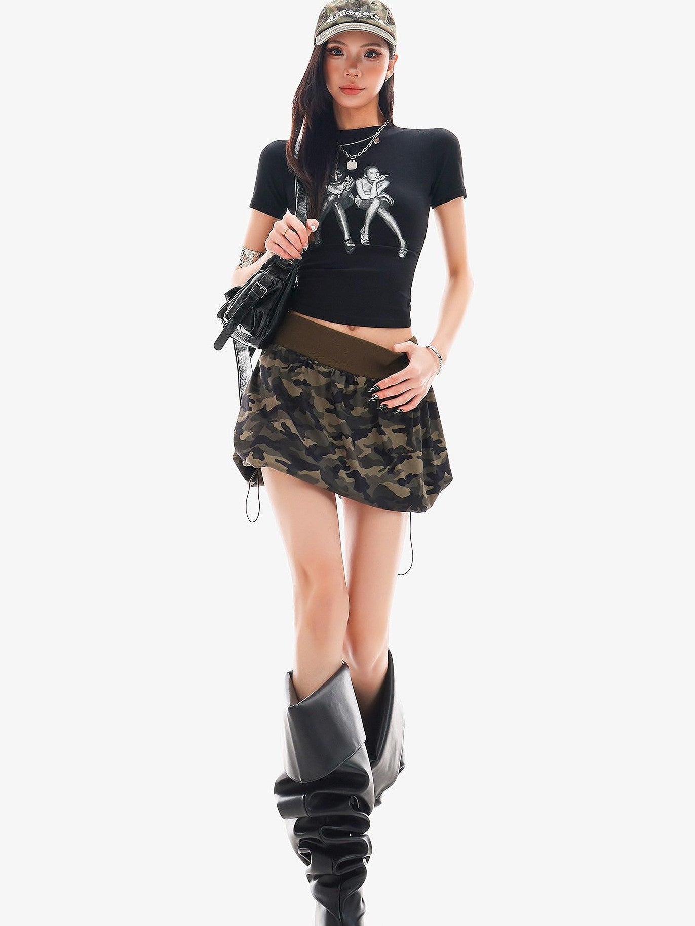 QIUQIU STUDIO Camouflage Patchwork Drawstring Elastic Waist Peplum Slim Women&