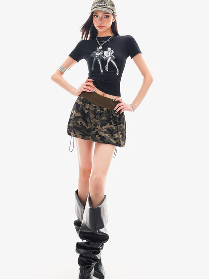 QIUQIU STUDIO Camouflage Patchwork Drawstring Elastic Waist Peplum Slim Women&