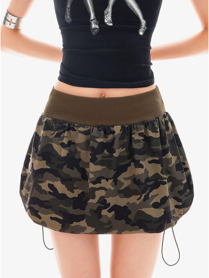 QIUQIU STUDIO Camouflage Patchwork Drawstring Elastic Waist Peplum Slim Women&