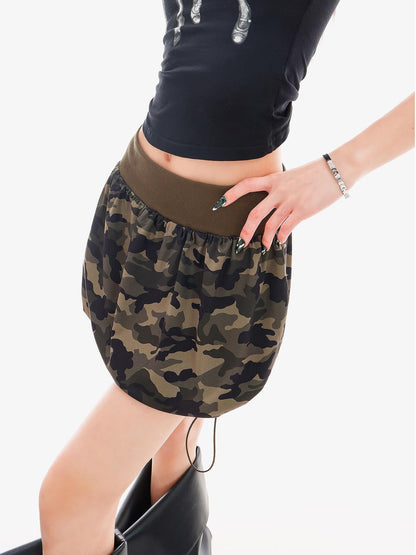 QIUQIU STUDIO Camouflage Patchwork Drawstring Elastic Waist Peplum Slim Women&