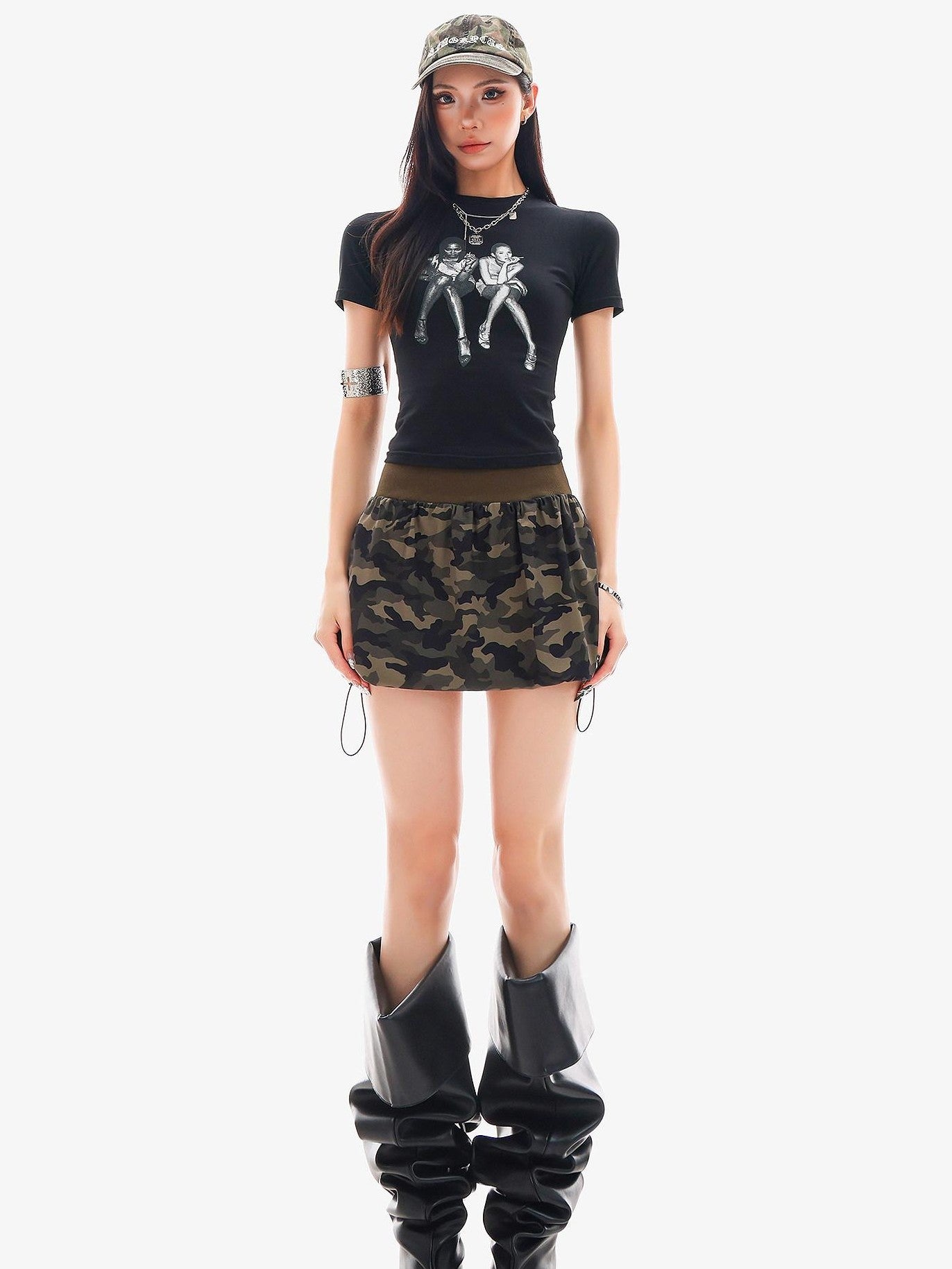 QIUQIU STUDIO Camouflage Patchwork Drawstring Elastic Waist Peplum Slim Women&