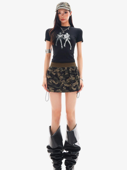 QIUQIU STUDIO Camouflage Patchwork Drawstring Elastic Waist Peplum Slim Women&