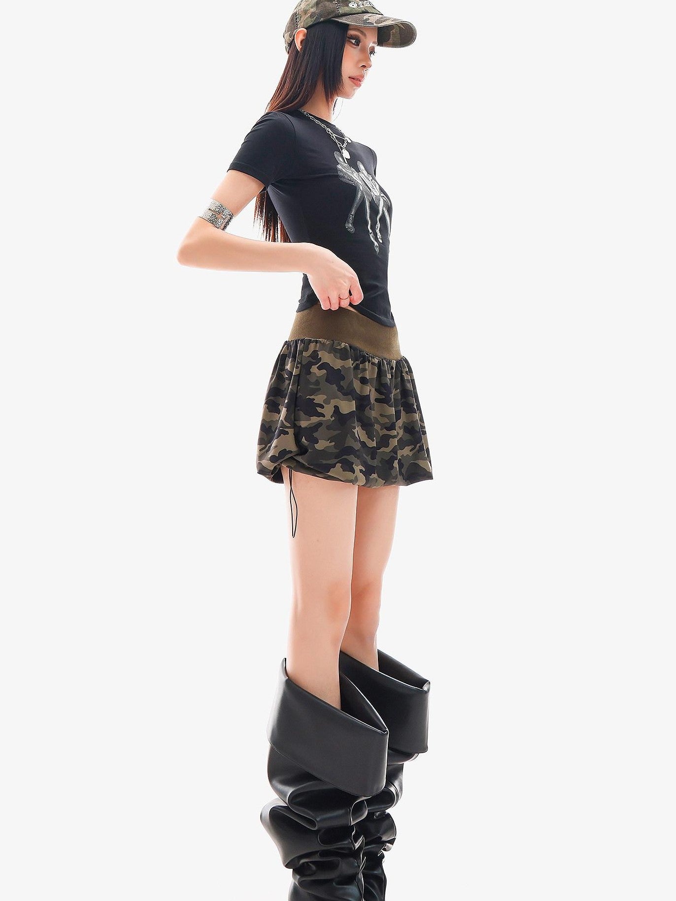 QIUQIU STUDIO Camouflage Patchwork Drawstring Elastic Waist Peplum Slim Women&