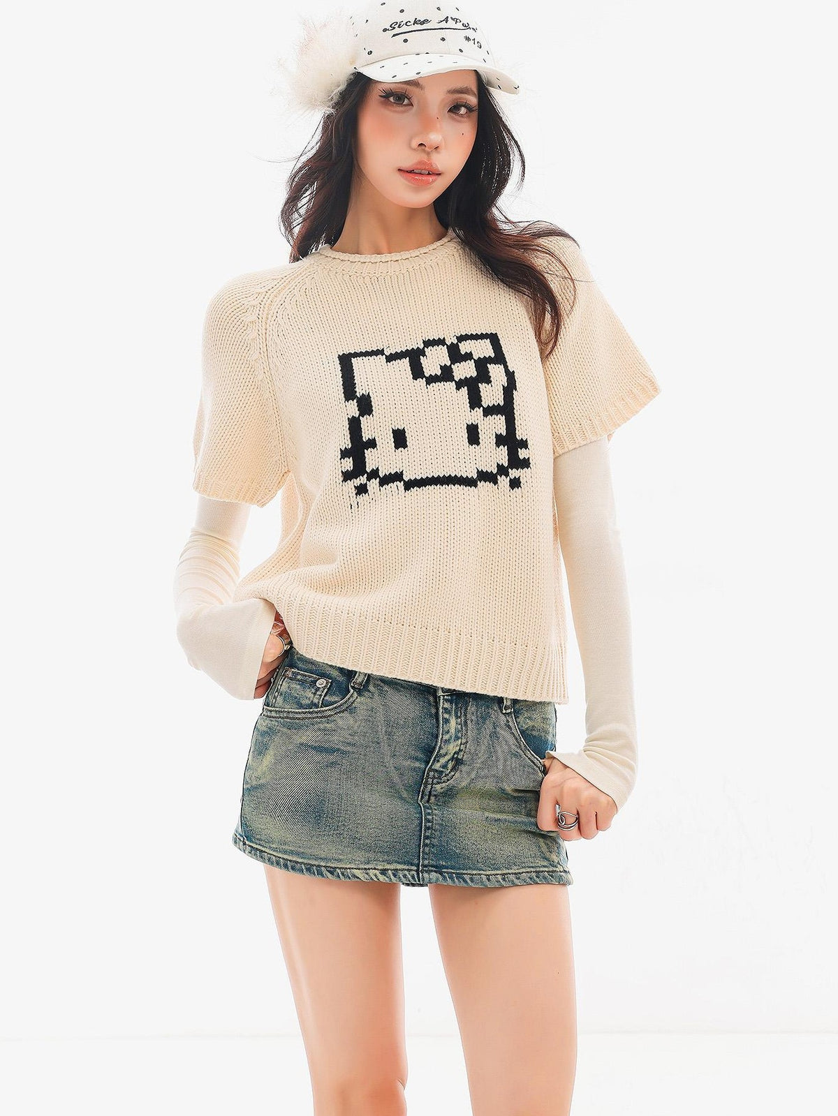QIUQIU STUDIO Cartoon Kitty Print Tie Dye Loose Fit Women&