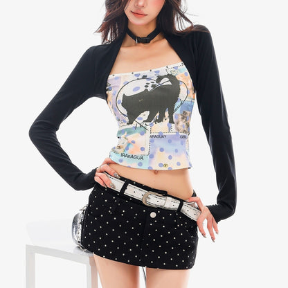 QIUQIU_STUDIO_Cat_Print_Color_Block_Patchwork_Square_Neck_Women&