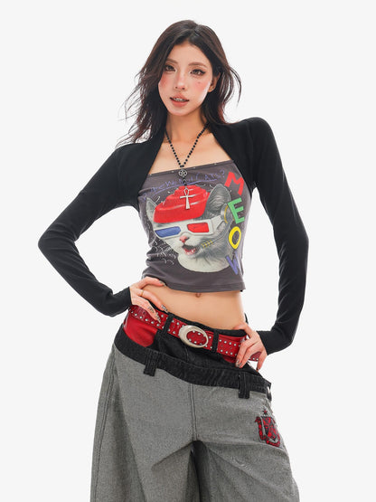 QIUQIU STUDIO Cat Print Color Block Patchwork Square Neck Women&