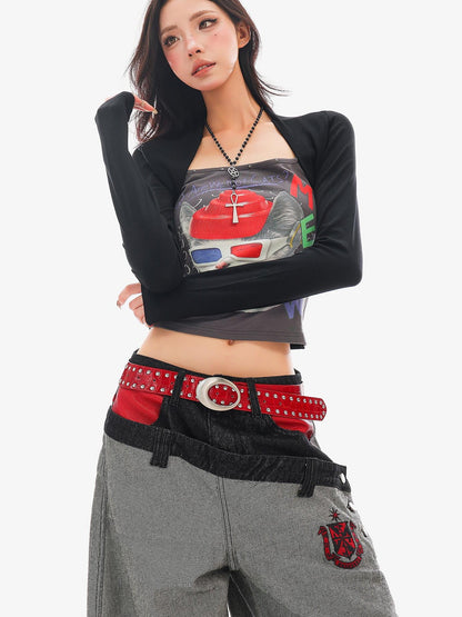 QIUQIU STUDIO Cat Print Color Block Patchwork Square Neck Women&