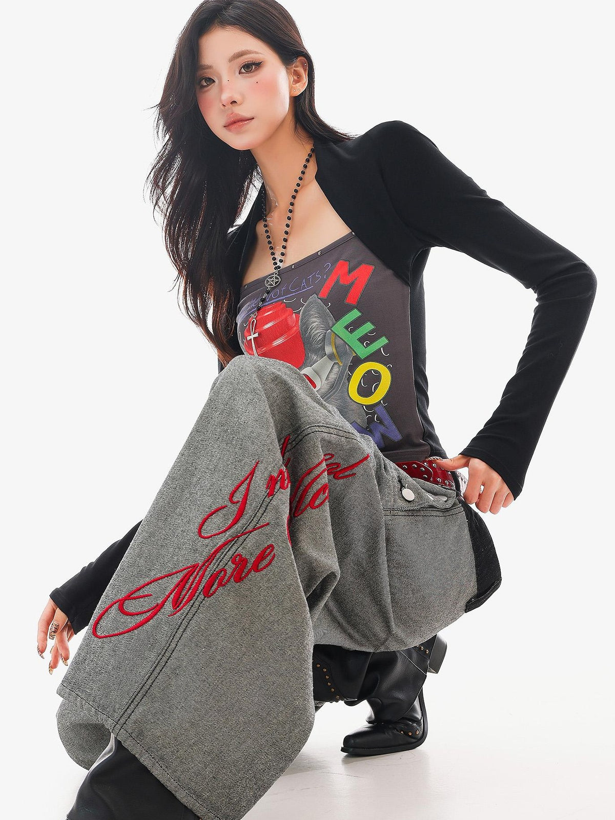 QIUQIU STUDIO Cat Print Color Block Patchwork Square Neck Women&