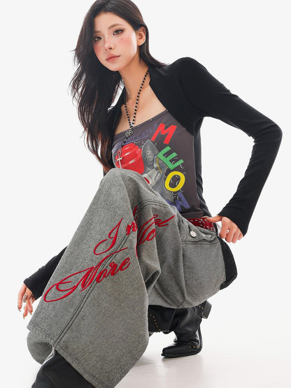 QIUQIU STUDIO Cat Print Color Block Patchwork Square Neck Women&