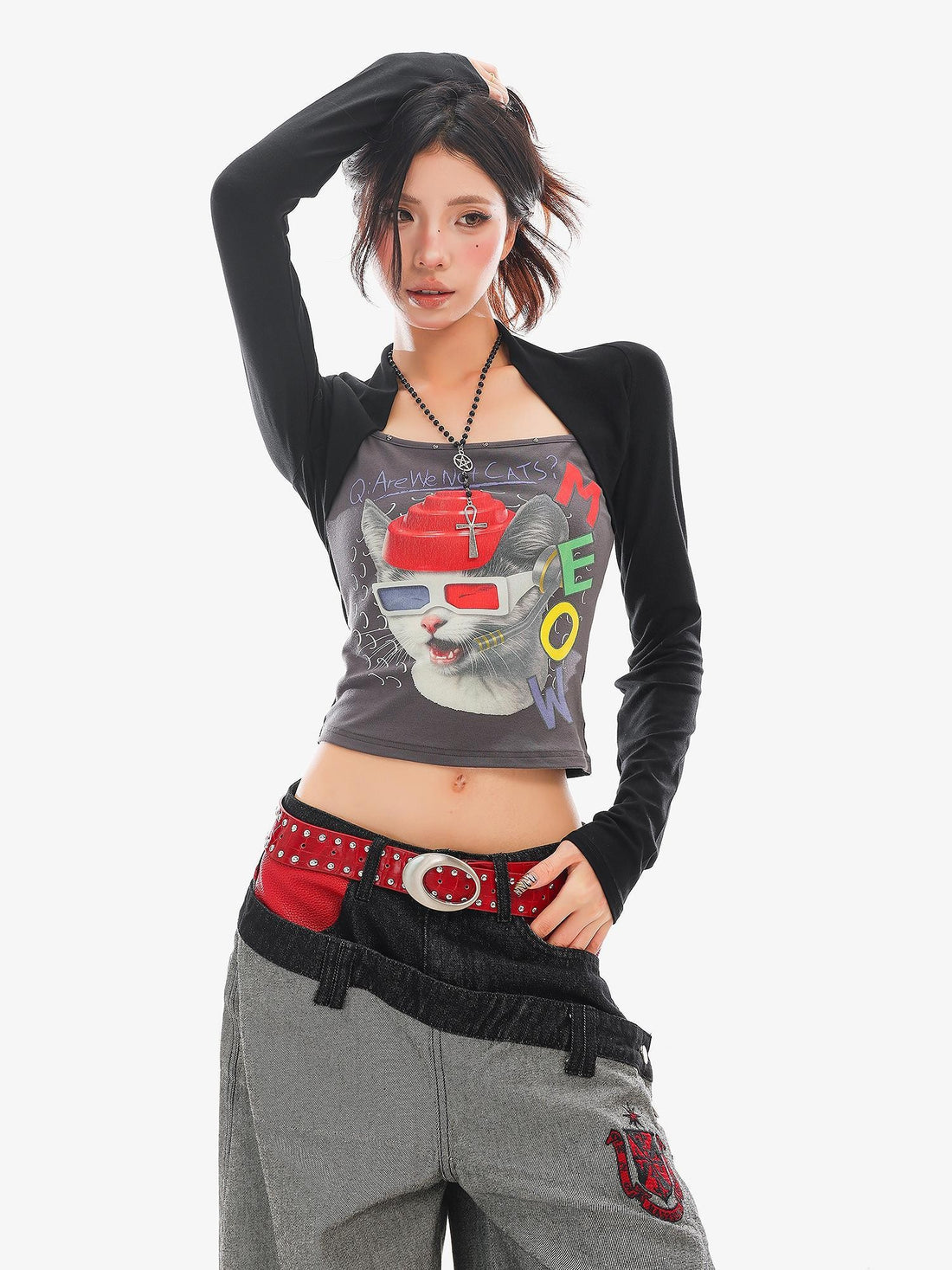 QIUQIU STUDIO Cat Print Color Block Patchwork Square Neck Women&