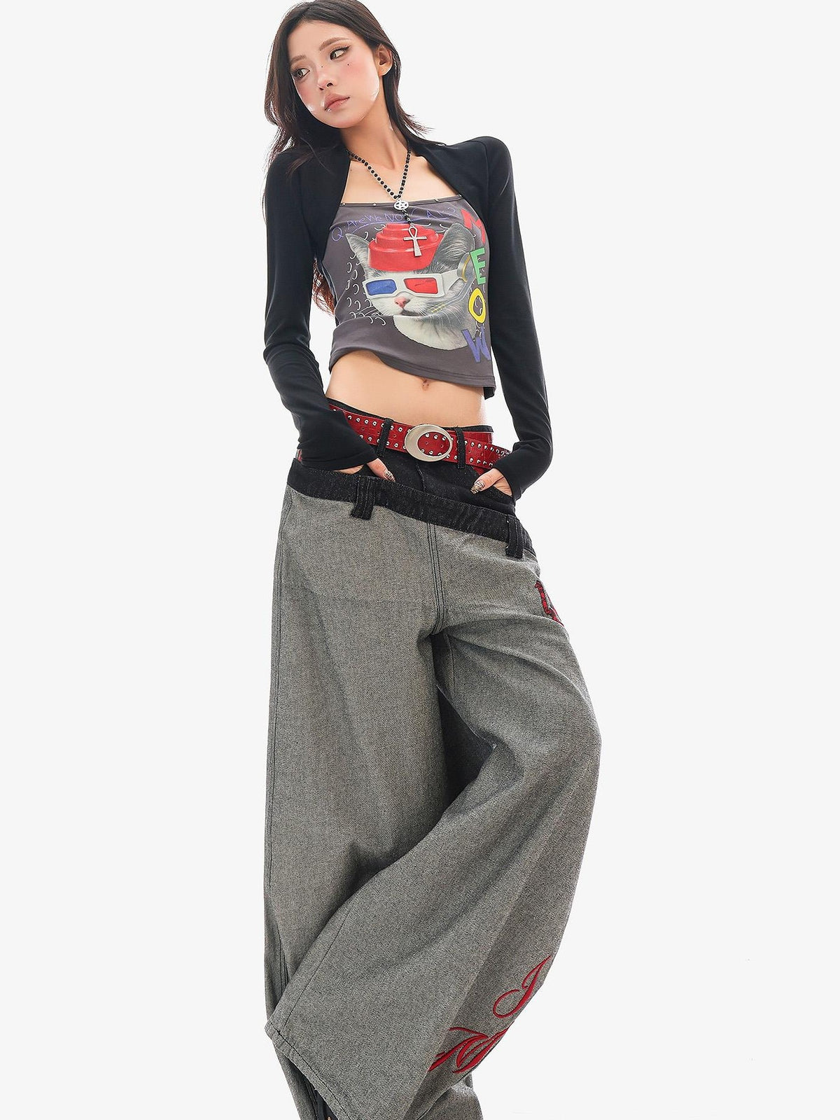 QIUQIU STUDIO Cat Print Color Block Patchwork Square Neck Women&