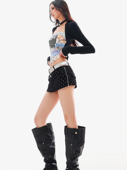QIUQIU STUDIO Cat Print Color Block Patchwork Square Neck Women&