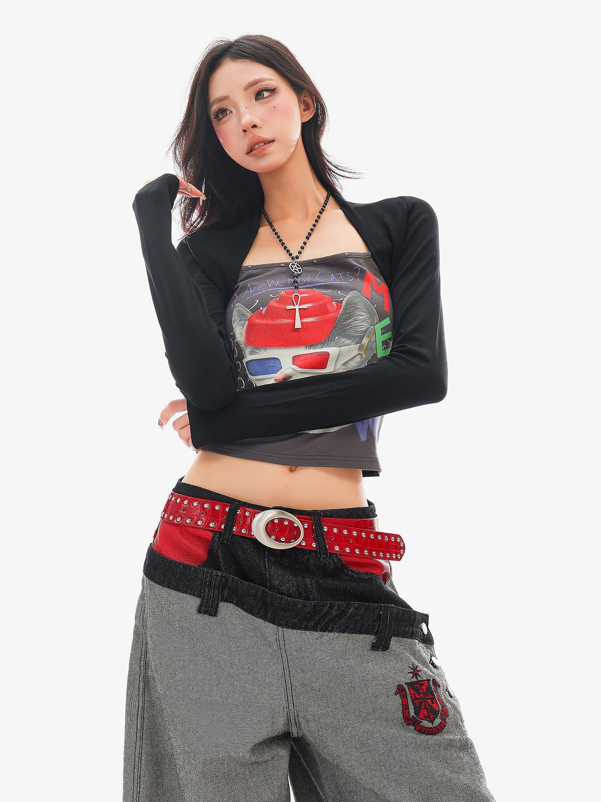 QIUQIU STUDIO Cat Print Color Block Patchwork Square Neck Women&