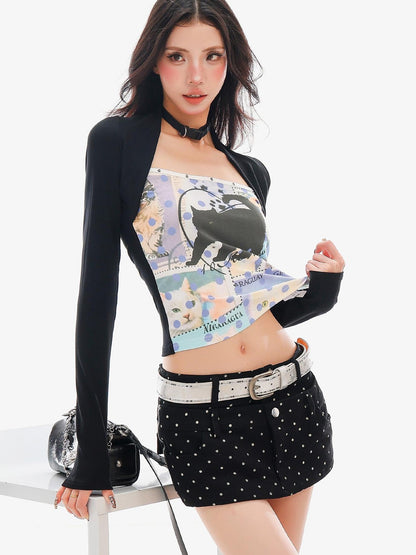 QIUQIU STUDIO Cat Print Color Block Patchwork Square Neck Women&