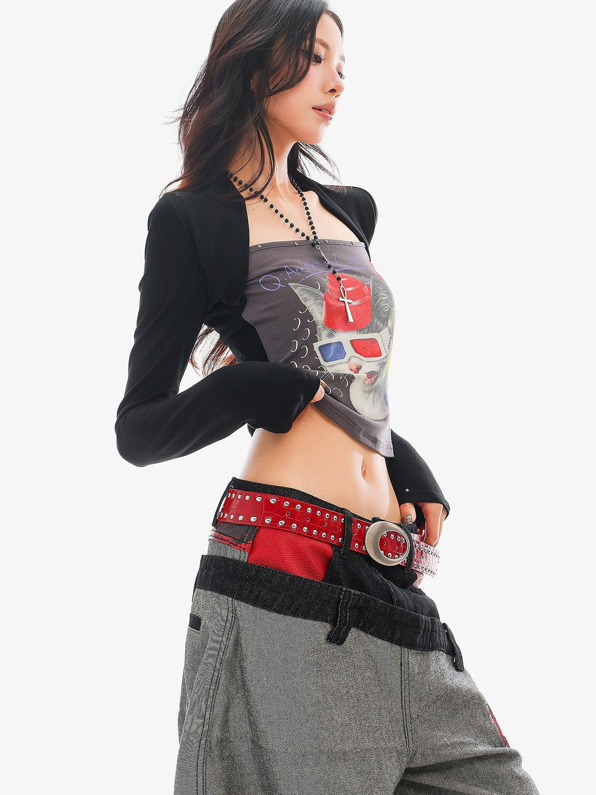 QIUQIU STUDIO Cat Print Color Block Patchwork Square Neck Women&