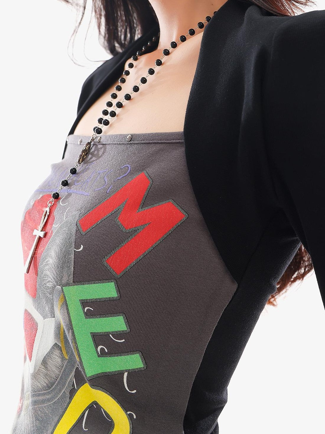 QIUQIU STUDIO Cat Print Color Block Patchwork Square Neck Women&