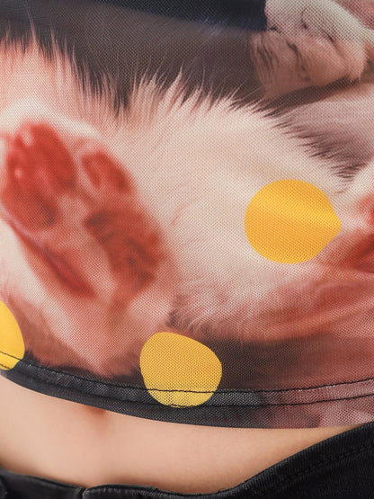 QIUQIU STUDIO Cat Print Sheer Spaghetti Strap Cropped Slim Fit Women&