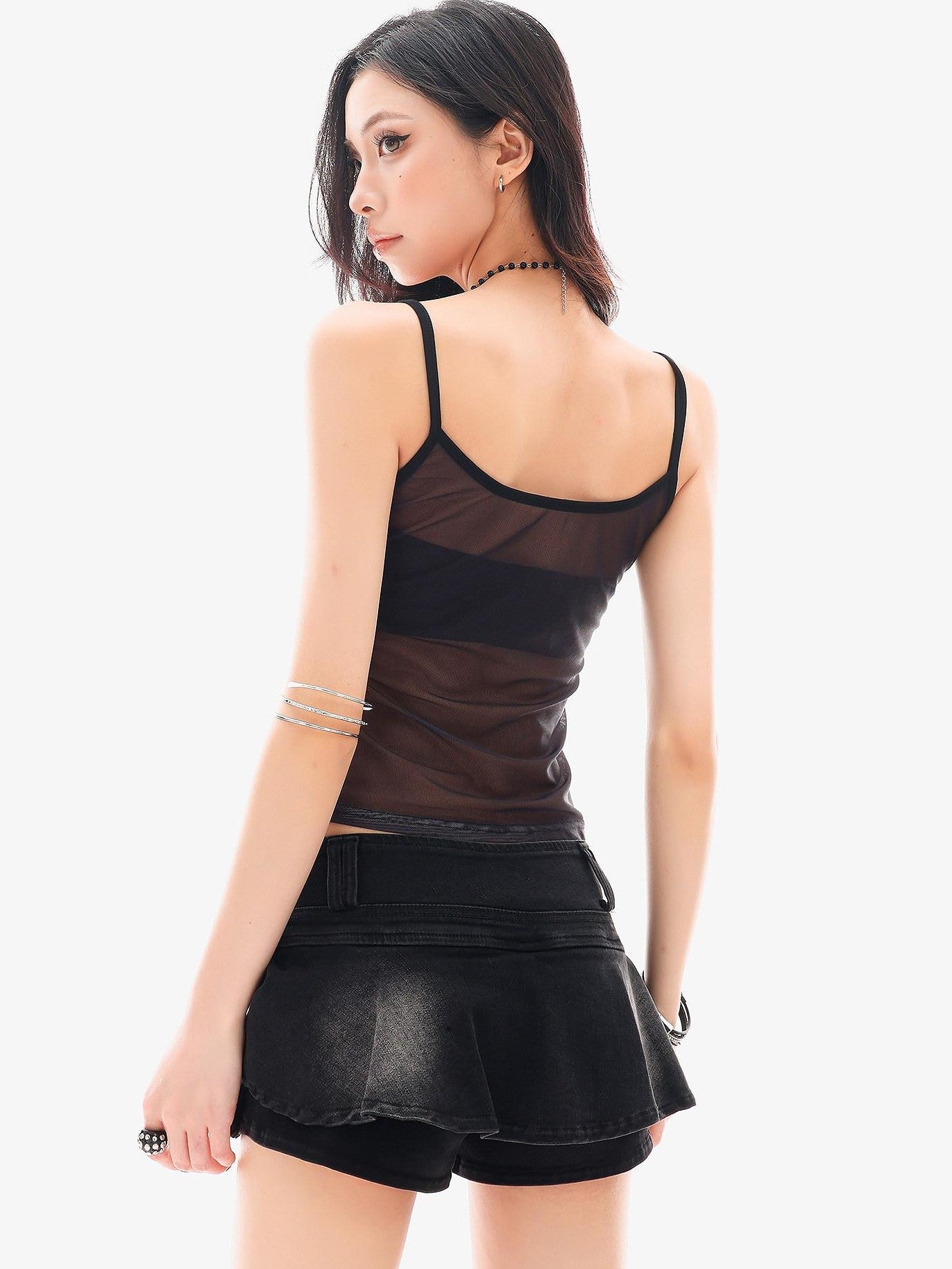 QIUQIU STUDIO Cat Print Sheer Spaghetti Strap Cropped Slim Fit Women&