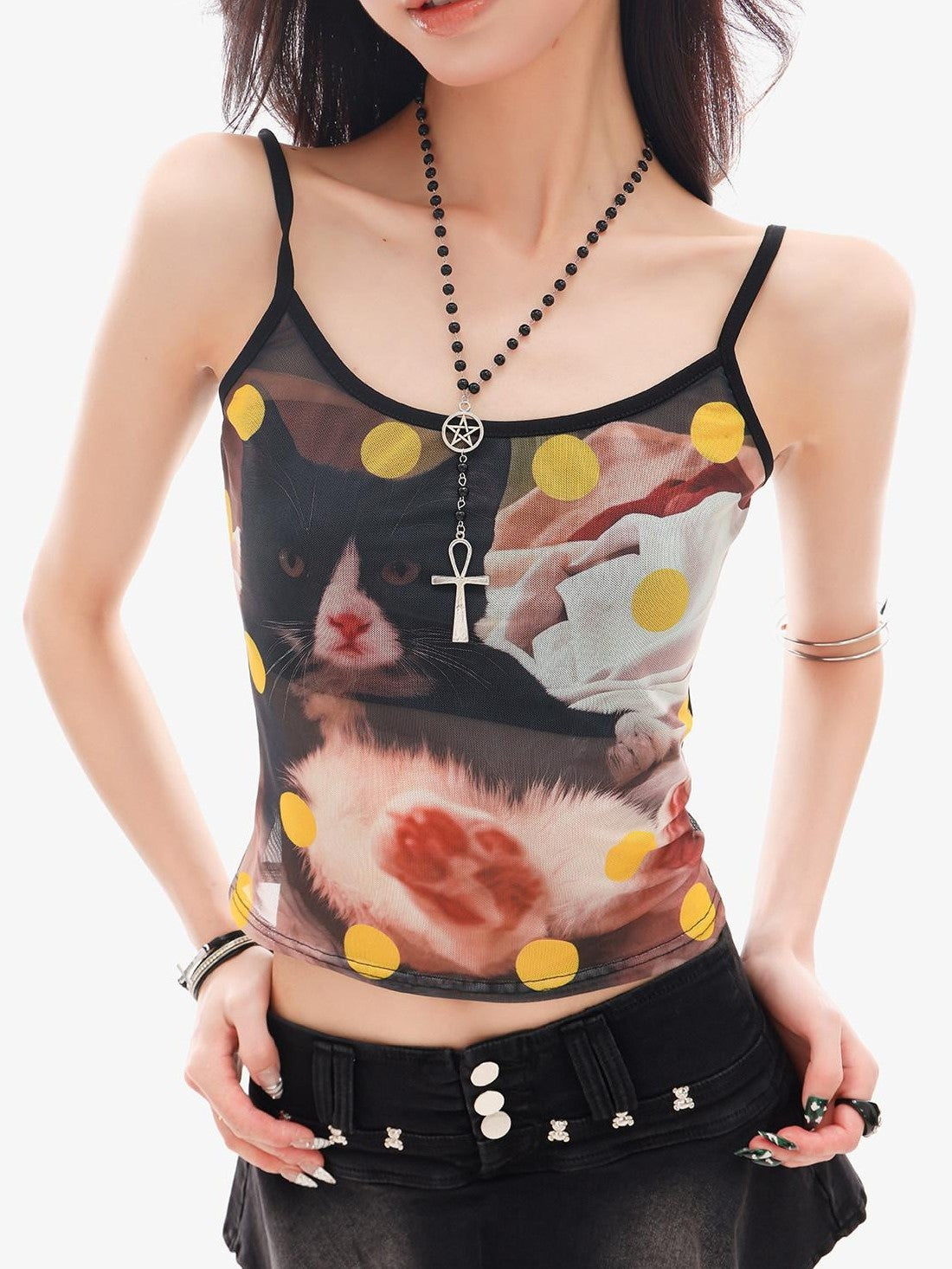 QIUQIU STUDIO Cat Print Sheer Spaghetti Strap Cropped Slim Fit Women&