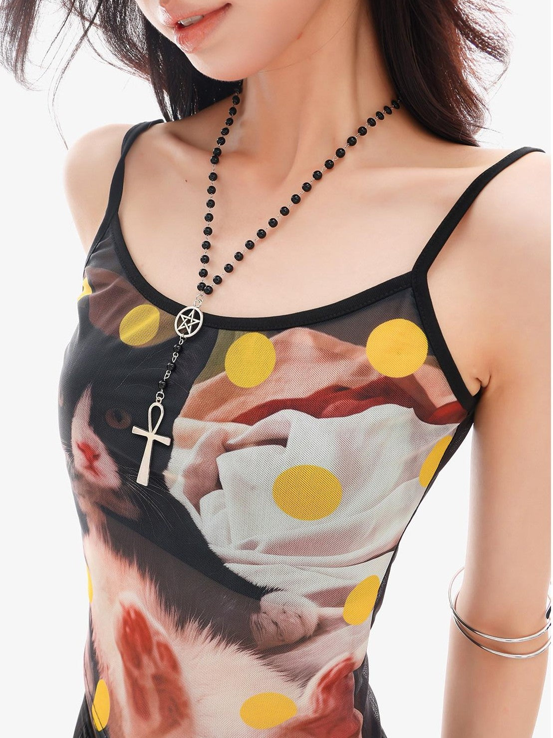QIUQIU STUDIO Cat Print Sheer Spaghetti Strap Cropped Slim Fit Women&