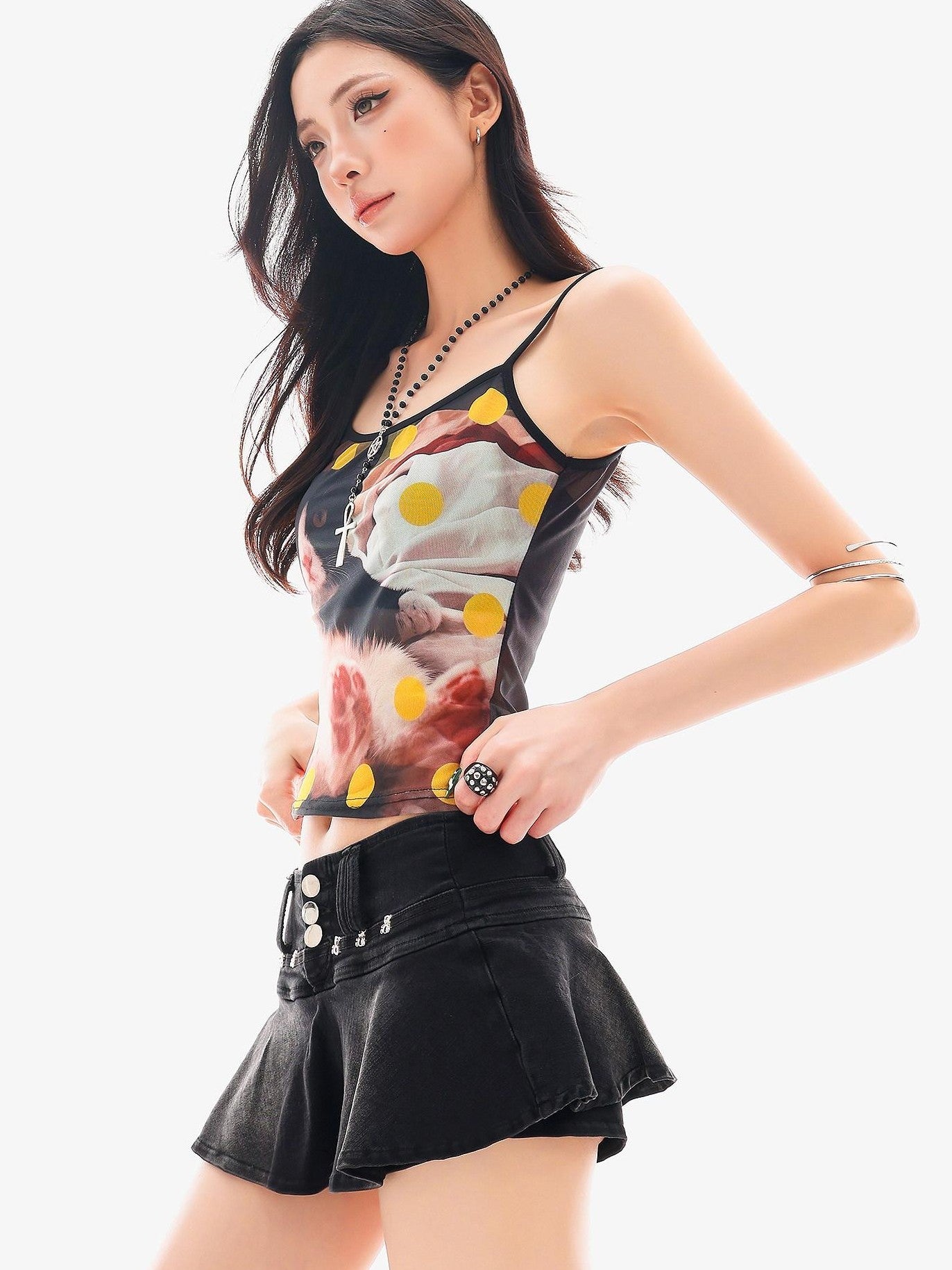 QIUQIU STUDIO Cat Print Sheer Spaghetti Strap Cropped Slim Fit Women&