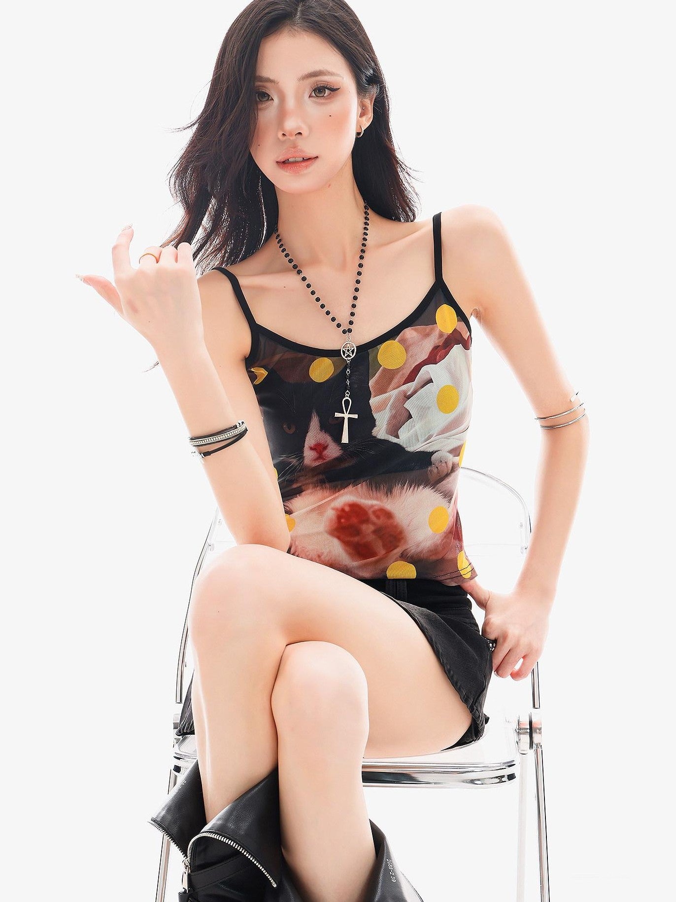 QIUQIU STUDIO Cat Print Sheer Spaghetti Strap Cropped Slim Fit Women&