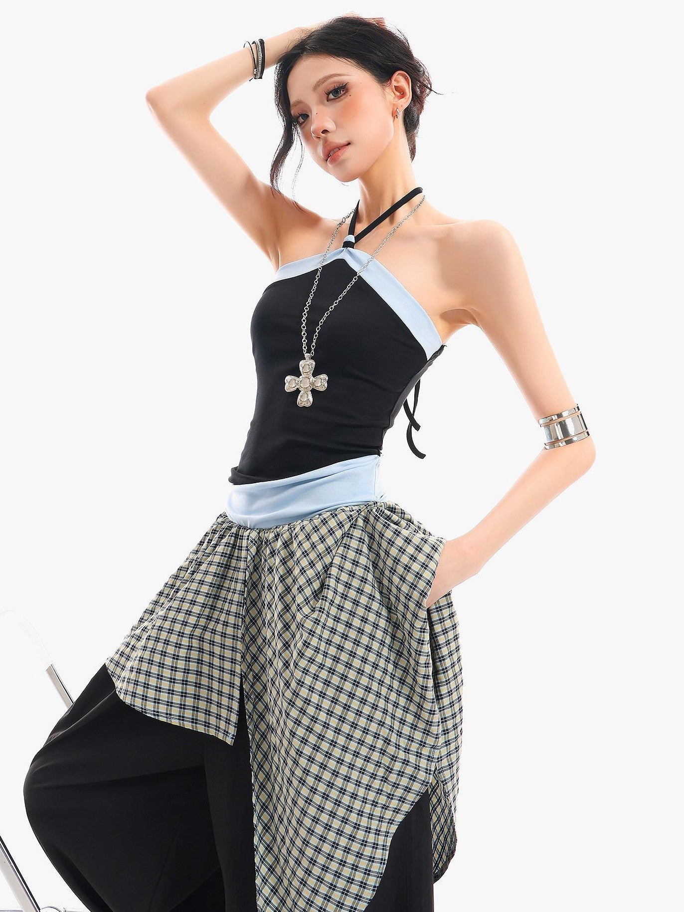 QIUQIU STUDIO Checked Colorblock Patchwork Asymmetric Loose Fit Women&