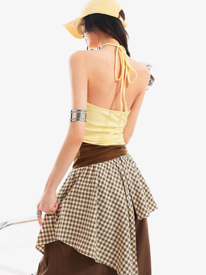 QIUQIU STUDIO Checked Colorblock Patchwork Asymmetric Loose Fit Women&