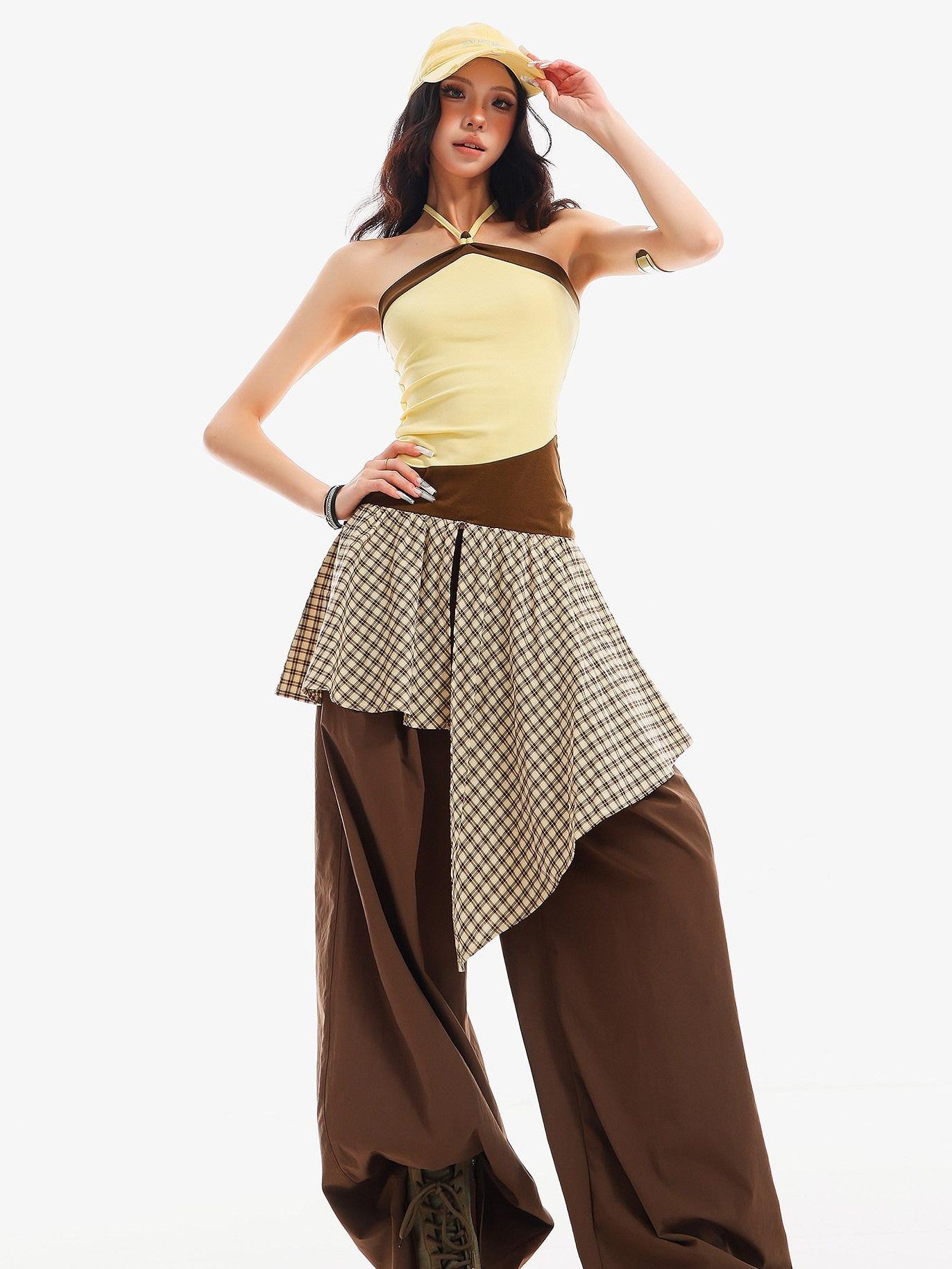 QIUQIU STUDIO Checked Colorblock Patchwork Asymmetric Loose Fit Women&