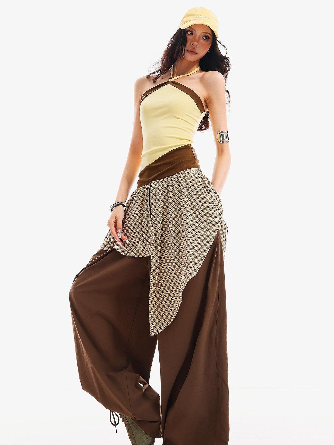 QIUQIU STUDIO Checked Colorblock Patchwork Asymmetric Loose Fit Women&