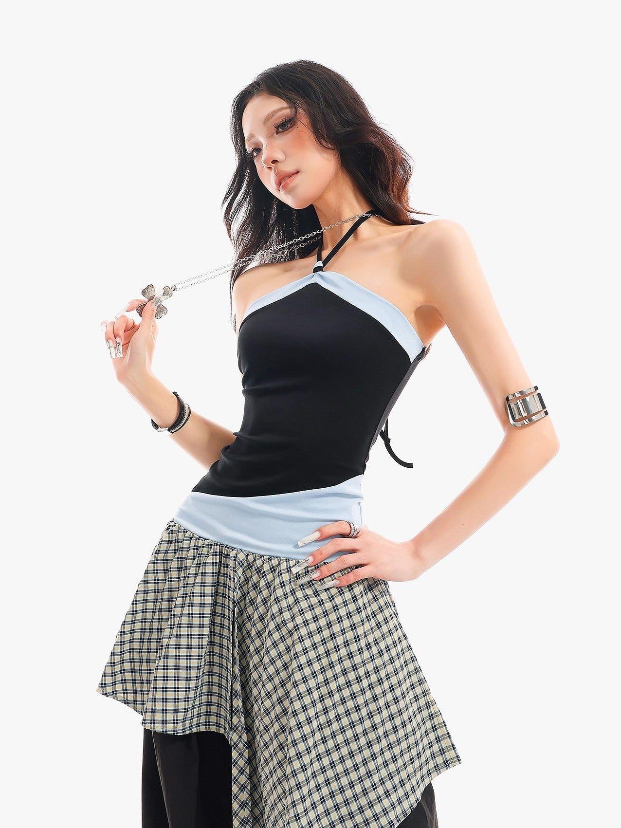 QIUQIU STUDIO Checked Colorblock Patchwork Asymmetric Loose Fit Women&