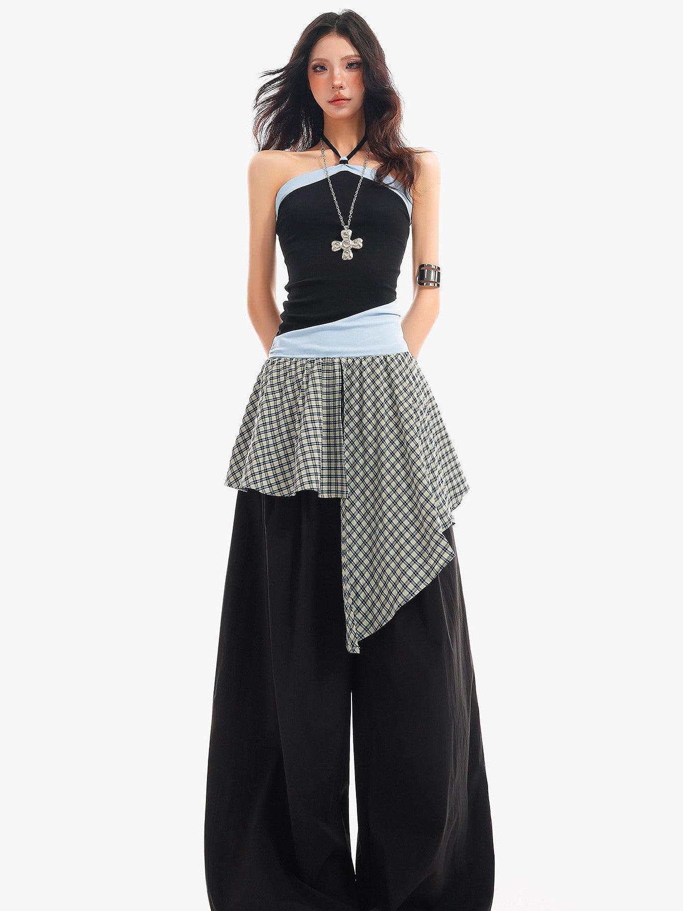 QIUQIU STUDIO Checked Colorblock Patchwork Asymmetric Loose Fit Women&