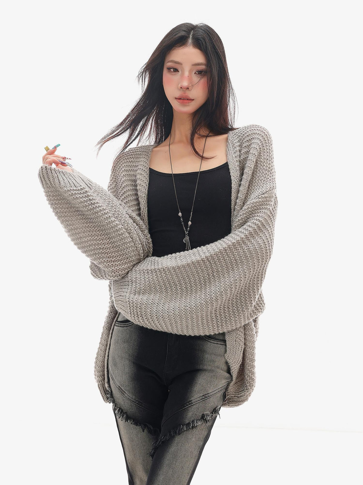 QIUQIU STUDIO Chunky Knit Hollow Out Long Sleeve Women&